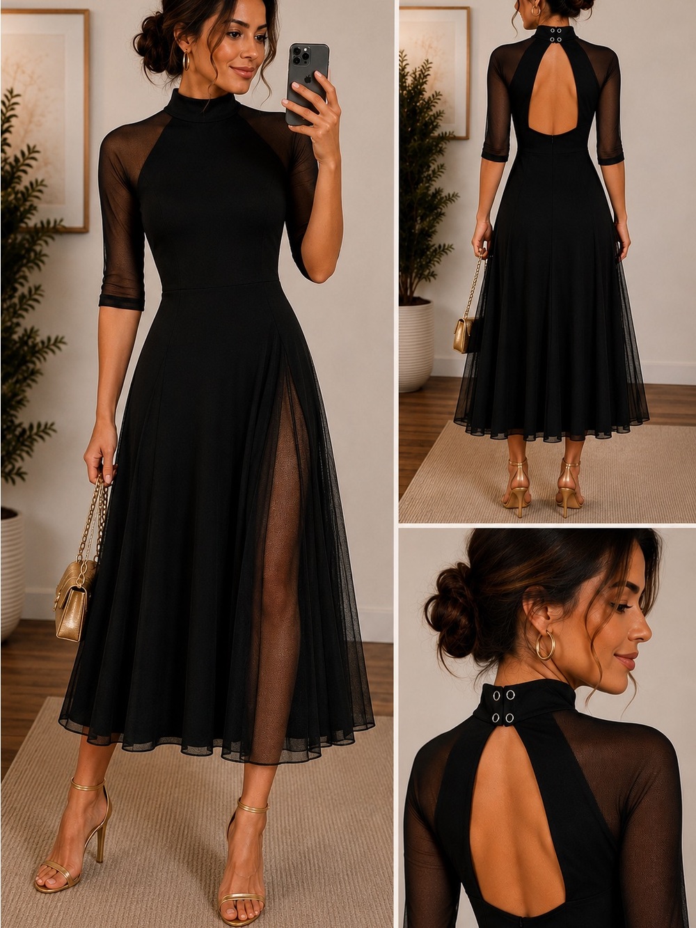 Weissman Black Mesh-Panel weissman Midi Dress